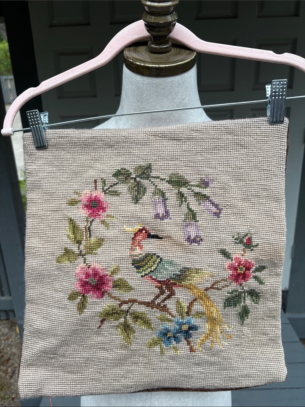 Hand-Embroidered Bird & Floral Needlepoint Pillow Cover - Pastel Colors